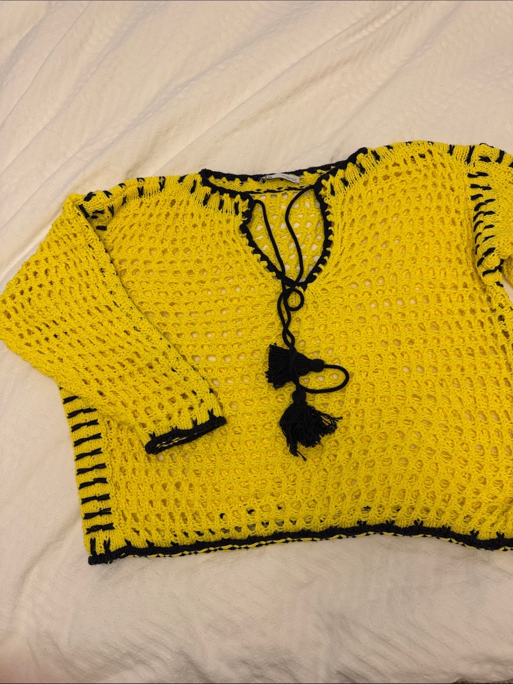 Zara Yellow Crochet V-Neck Sweater with Black Trim